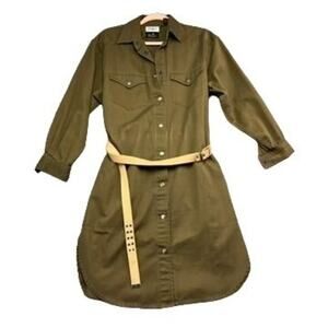 Liz Claiborne Shirt Dress Size L Olive Green Belted Snap Button Curved Hem Vtg